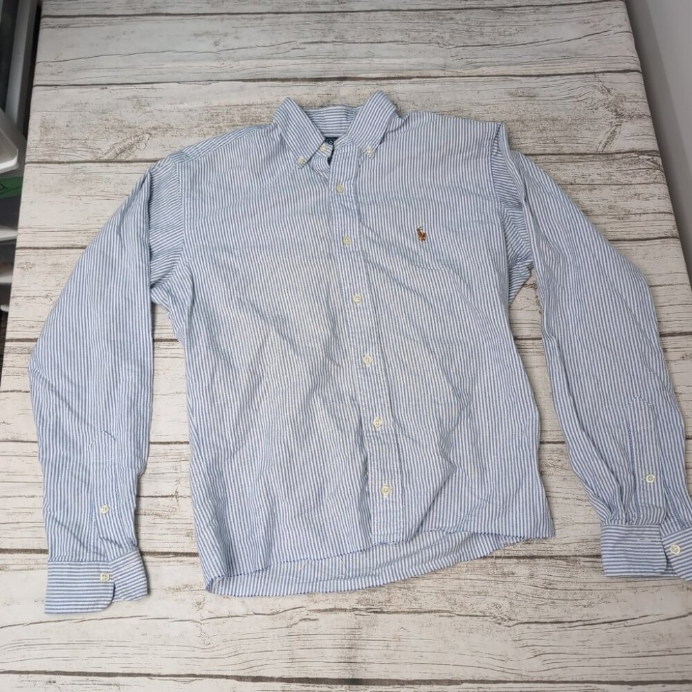VTG Polo Ralph Lauren Made In Canada Raw Hem Striped Button Up Shirt Small Pony